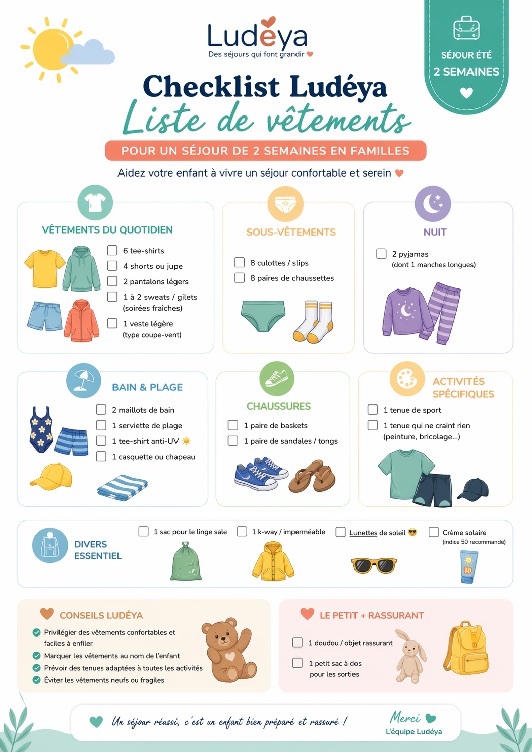 Checklist Ludéya – Séjour été (1 à 2 semaines)