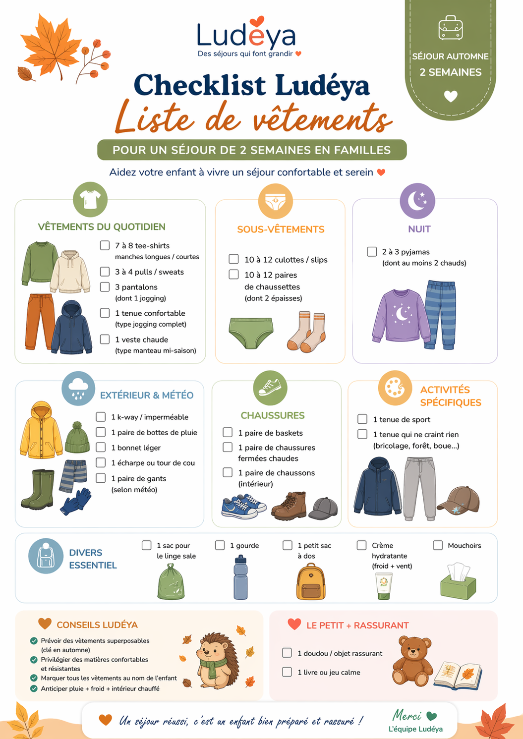Checklist Ludéya – Séjour Automne (2 semaines)
