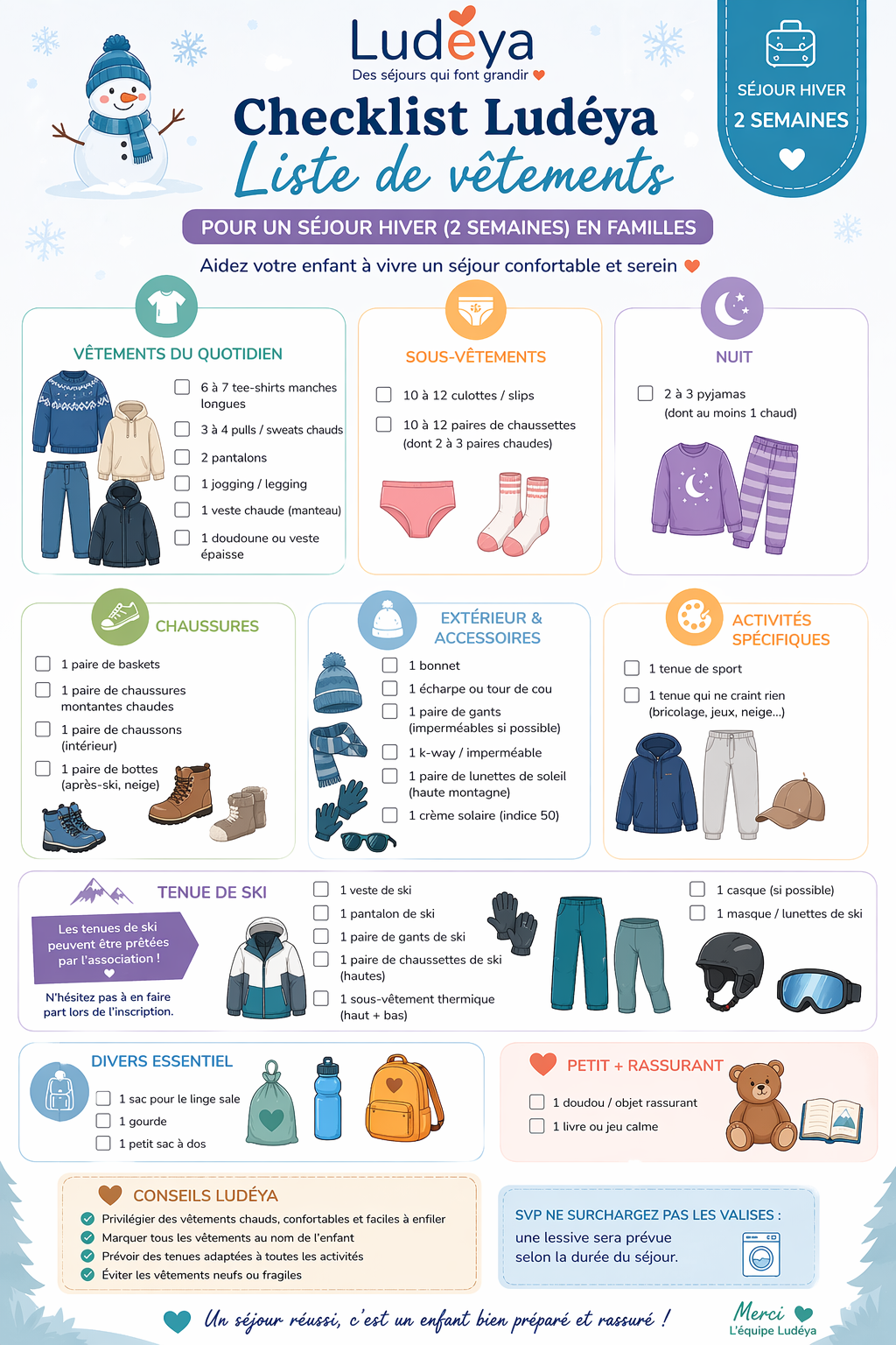 Checklist Ludéya – Séjour hiver (2 semaines)