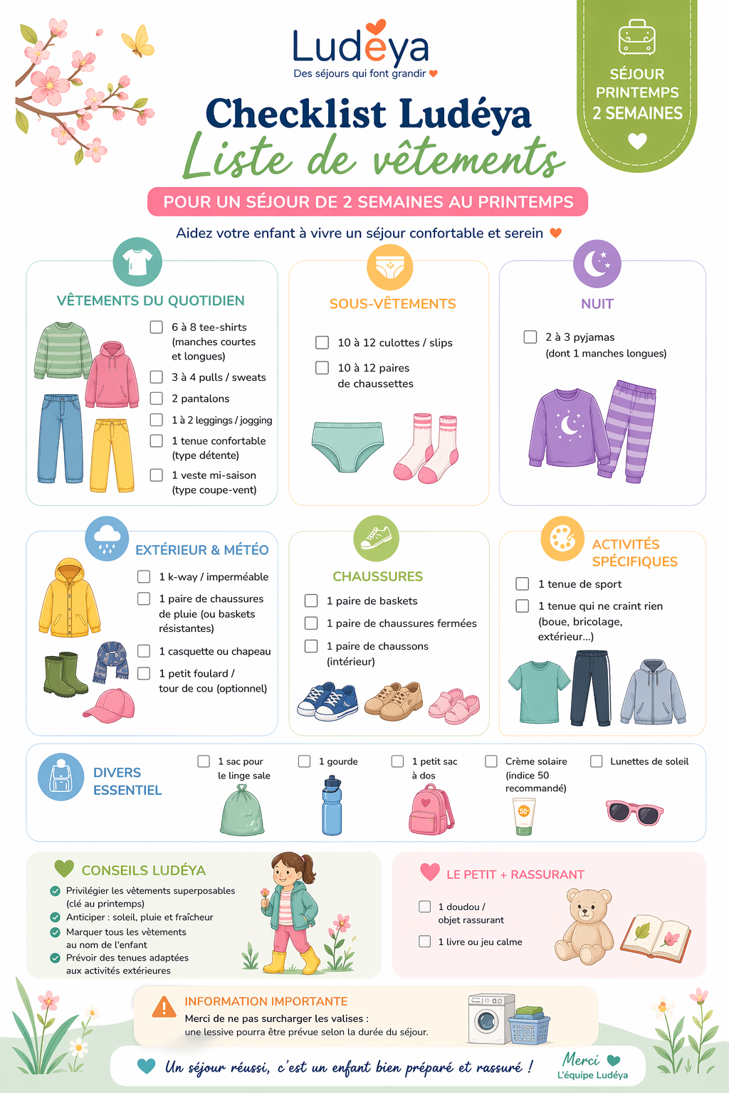 Checklist Ludéya – Séjour printemps (2 semaines)